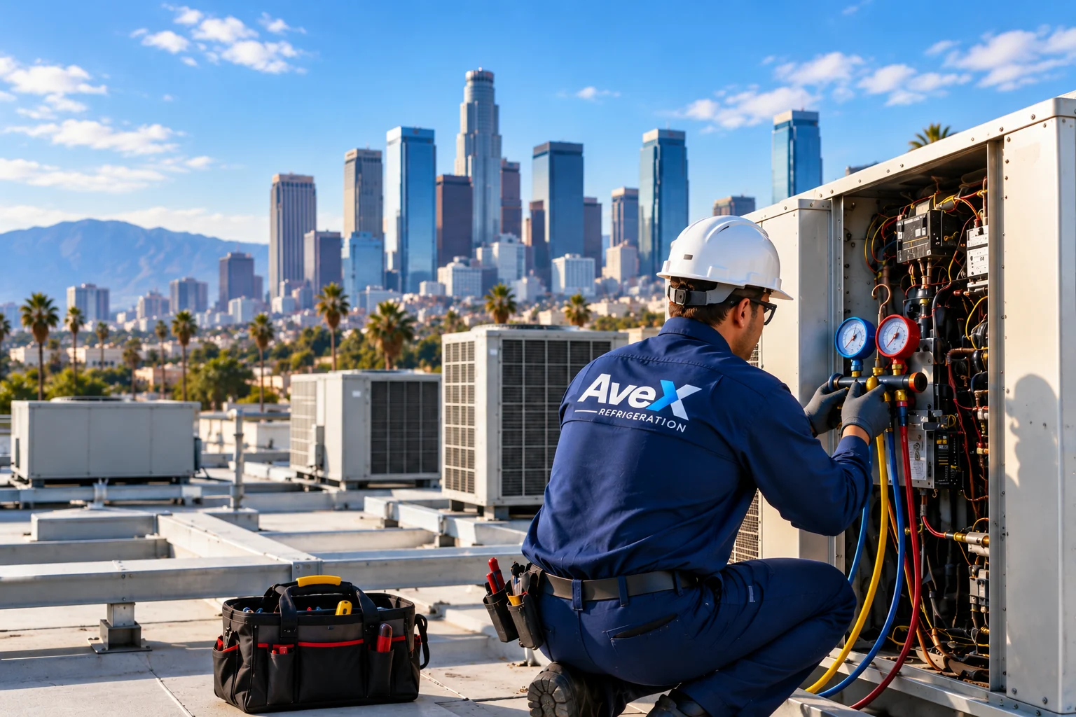 AVEX commercial HVAC technician servicing rooftop equipment in Los Angeles